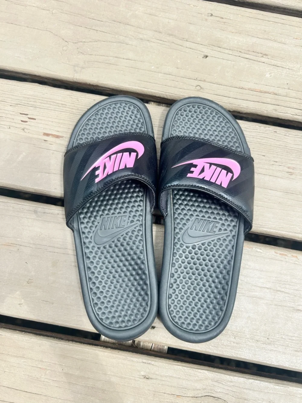 Nike Benassi JDI Logo Slides Black Vivid Pink Sandals 343881 | Size US 9
